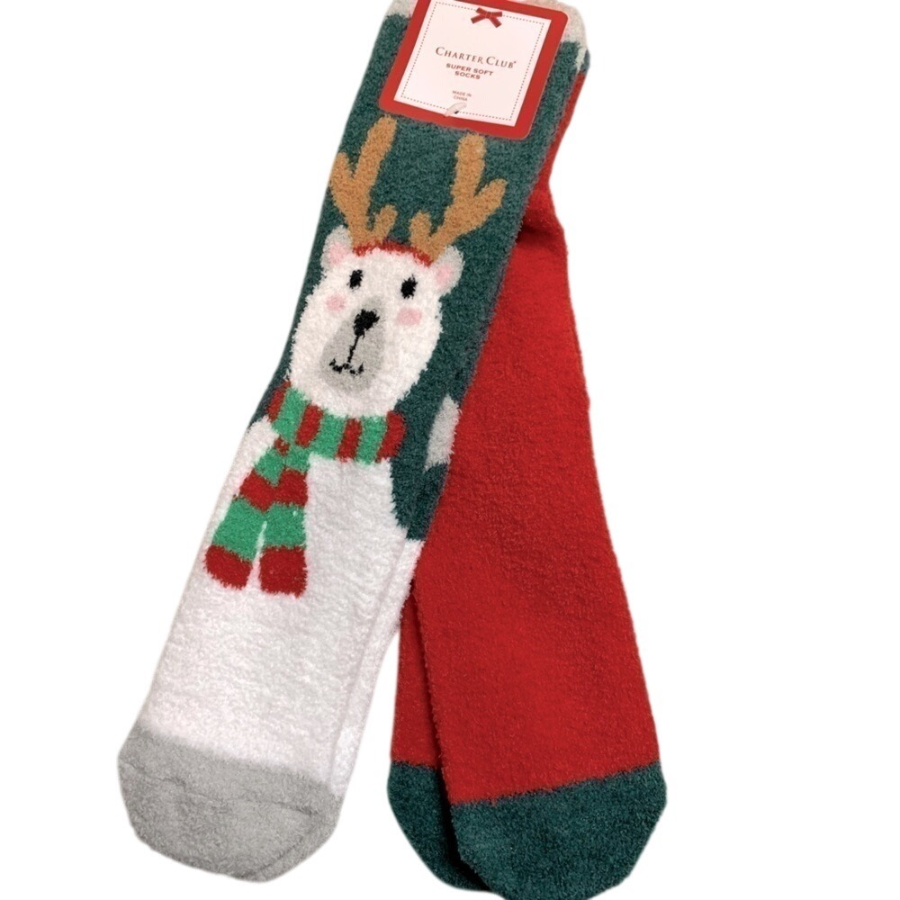 NWT 2pair Charter Club Christmas Polar Bear Theme‎ Socks Women Shoe Size 6-10
